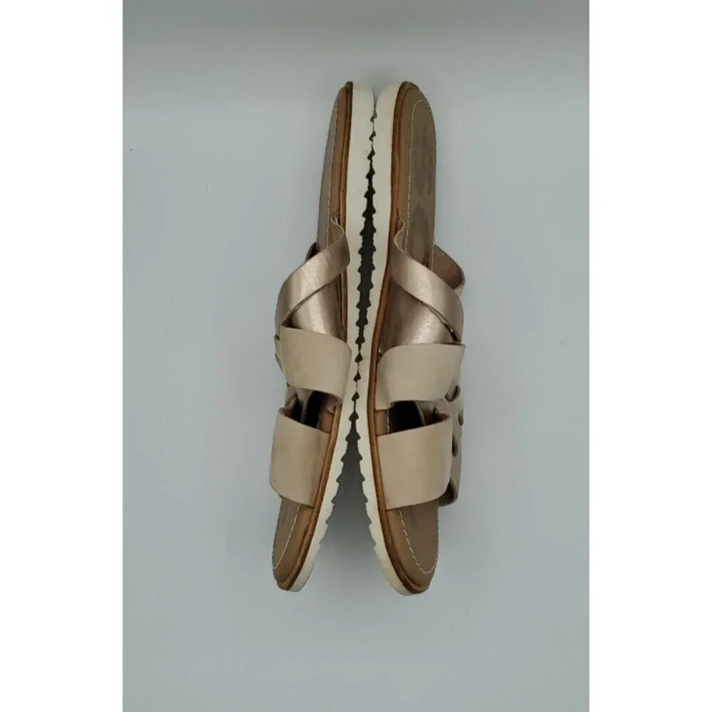 Sorel Ella Women Slide Natural Tan Gold Leather Sz 9 Strappy Criss Cross Straps